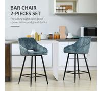 2x Blue Velvet-Touch Upholstered Bar Stools Padded High Back Kitchen Chairs