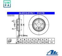 Brake disc ATE 24.0312-0178.1 for AUDI A5 (8T3) 1.8 2015-2017