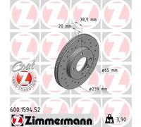 2x Brake disc internally vented 600.1594.52 ZIMMERMANN for AUDI VW SEAT
