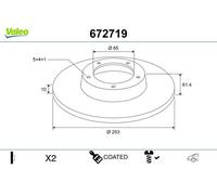 2x Brake disc Rear Axle solid 672719 VALEO for SKODA OCTAVIA III