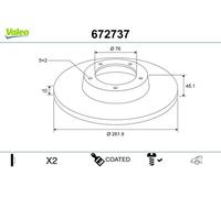 2x Brake disc Rear Axle solid 672737 VALEO for HYUNDAI KIA