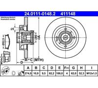 2x Brake disc solid 24.0111-0148.2 ATE for RENAULT GRAND SCÉNIC II