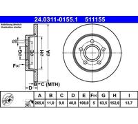 ATE Brake Disc PowerDisc 24.0311-0155.1 265mm 11mm 5x108 Solid Coated Ford Focus II C-Max