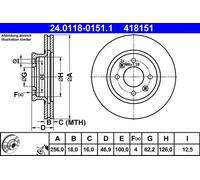 2x Brake disc Vented 24.0118-0151.1 ATE for HYUNDAI i20 I