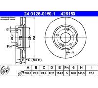 2x Brake disc Vented 24.0126-0150.1 ATE for HYUNDAI KIA