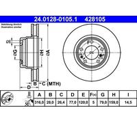 ATE Brake Disc 24.0128-0105.1 Vented 2x for BMW 7
