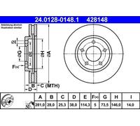 2x Brake disc Vented 24.0128-0148.1 ATE for CHRYSLER VOYAGER Mk III