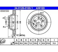 2x Brake disc Vented 24.0128-0169.1 ATE for PORSCHE AUDI VW