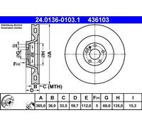 2x Brake disc Vented 24.0136-0103.1 ATE for AUDI A8 D3