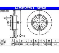 ATE Brake disc BMW 24.0322-0209.1 34201166073,34216855157,34216864052 Brake rotor,Brake discs,Brake rotors