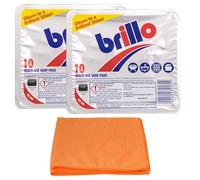 2X Brillo Soap Pads - 2 X10 Pads- Multi-Purpose Kitchen Washing Soap Scourer for Pans, Pots, Cookers - with Microfibre Cloth