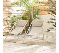 2x Corsica Metal and Textilene Outdoor Deckchairs with Headrest FurnitureboxUK Cream One Size