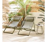 2x Corsica Metal and Textilene Outdoor Deckchairs with Headrest FurnitureboxUK Green One Size