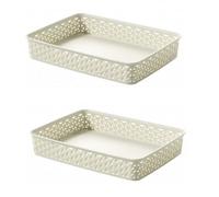 2X Cream A4 Paper Tray Curver Basket Plastic Rattan Office Desk Organise