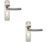 2X Curved Bar Lever Door Handle On Euro Lock Backplate 172 X 44mm Satin Steel