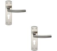 2x Curved Bar Lever Door Handle on Euro Lock Backplate 172 x 44mm Satin Steel