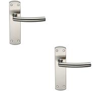 2x Curved Bar Lever Door Handle on Latch Backplate 172 x 44mm Satin Steel