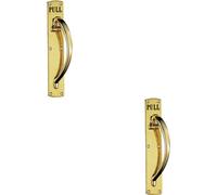 2x Curved Right Handed Door Pull Handle Engraved with 'Pull' Polished Brass