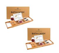 2x Extendable Wooden Bath Caddy Tray - Bamboo Bathtub Rack with Wine Glass, Candle, Book, Tablet & Phone Holder - Adjustable Bath Board Shelf & Foldable Bathroom Tray for Spa Relaxation