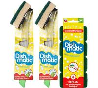 2X Fillable Washing Up Brush and Sponge Bundle- Easy Grip Dish Cleaner - with 4X General Purpose Brush Sponge Refills