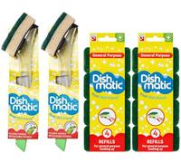 2X Fillable Washing up Brush and Sponge Bundle- Easy Grip Dish Cleaner - with 8X General Purpose Brush Sponge Refills