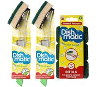 2X Fillable Washing up Brush and Sponge - Easy Grip Dish Cleaner - with 3X General Purpose Brush Sponge Refills