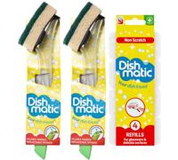 2X Fillable Washing up Brush Bundle [ Easy Grip Dish Cleaner] - with 4X Non Scratch Sponge Refills -Ideal for Glassware and Delicate Surfaces