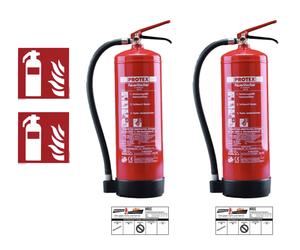 2x Fire extinguisher Protex SDE6 6l AB Foam in racket, Plaque and Sign