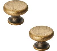 2x Flat Faced Round Door Knob 34mm Diameter Antique Brass Small Cabinet Handle