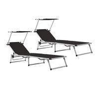 2x Folding Sun Loungers with Roof Aluminium&Textilene Black Bed vidaXL