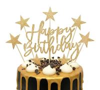 2X Gold Happy Birthday Cake Topper Set - Glitter Cardstock Cake Decorations with Stars - Reusable Party Supplies for Men, Women, Boys & Girls - Elegant Sparkle Decor for Cupcakes & Birthday Cakes