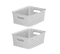 2X Grey 4L Curver Plastic Rattan Storage Basket Shelf Tray 25.5 X 19.5Cm