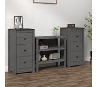 2x Grey Solid Pinewood Sideboards 40x35x80cm 3-Drawer Storage Cabinet Set, Pair