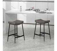 2x Grey Upholstered Bar Stools Microfibre Padded Industrial Kitchen Dining