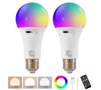 HARPER LIVING Rechargeable Light Bulb with Remote, LED E27 Edison Screw Bulb, Dimmable 9 Colours A60 RGB Lamp Bulbs 2000mAh Battery Wireless for Wall/Table/Floor/Pendant Light, Set of 2