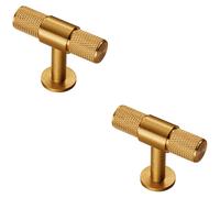 2x Knurled Cupboard T Shape Pull Handle 50 x 13mm Satin Brass Cabinet Handle