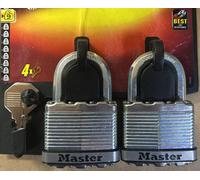 2x Master Lock Excell Heavy Duty Laminated Steel Black Open Shackle Padlocks