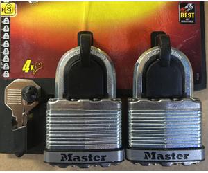 2x Master Lock Excell Heavy Duty Laminated Steel Black Open Shackle Padlocks