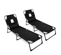 2X Metal Frame Sun Loungers Set Black Beach Lounge Lightweight And Foldable