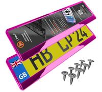 2x Number Plate Holder for Car - License Plate Holder - Pink Chrome - for UK Registration Plates - 520 x 110 mm - 8 Screws - Universal - Reg Plate Holders - fits for Car Caravan Trailer 52 x 11cm