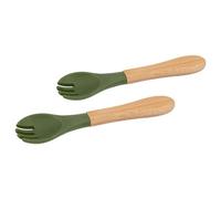 2X Olive Green Bamboo Baby Weaning Forks with Silicone Tip - Small Toddler Kids Childrens First Self Feeding Food Cutlery Utensils - by Tiny Dining
