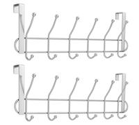 2x Over Door Hanger with 6 Hooks, Heavy Duty Chrome Overdoor Hook Rack for Coats, Clothes, Towels & Robes, No Drill Easy Fit Space Saving Storage Organizer for Bathroom, Bedroom & Kitchen