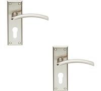 2x PAIR Arched Lever on Euro Lock Backplate Door Handle 150 x 50mm Satin Nickel