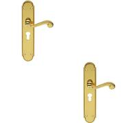2x PAIR Beaded Pattern Handle on Euro Lock Backplate 249 x 50mm Polished Brass
