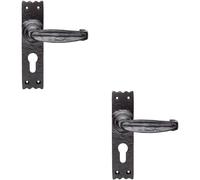 2x PAIR Creased Style Lever on Slim Euro Lock Backplate 156 x 38mm Black Antique Loops Black One Size
