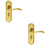 2x PAIR Curved Door Handle Lever on Bathroom Backplate 180 x 45mm Polished Brass