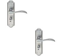 2x PAIR Curved Door Handle Lever on Bathroom Backplate 180 x 45mm Satin Chrome