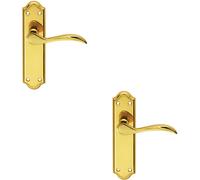 2x PAIR Curved Door Handle Lever on Latch Backplate 180 x 45mm Polished Brass