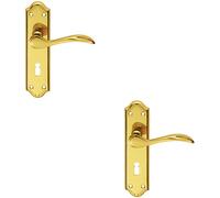 2x PAIR Curved Door Handle Lever on Lock Backplate 180 x 45mm Polished Brass