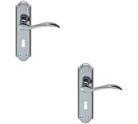 2X Pair Curved Door Handle Lever On Lock Backplate 180 X 45mm Polished Chrome